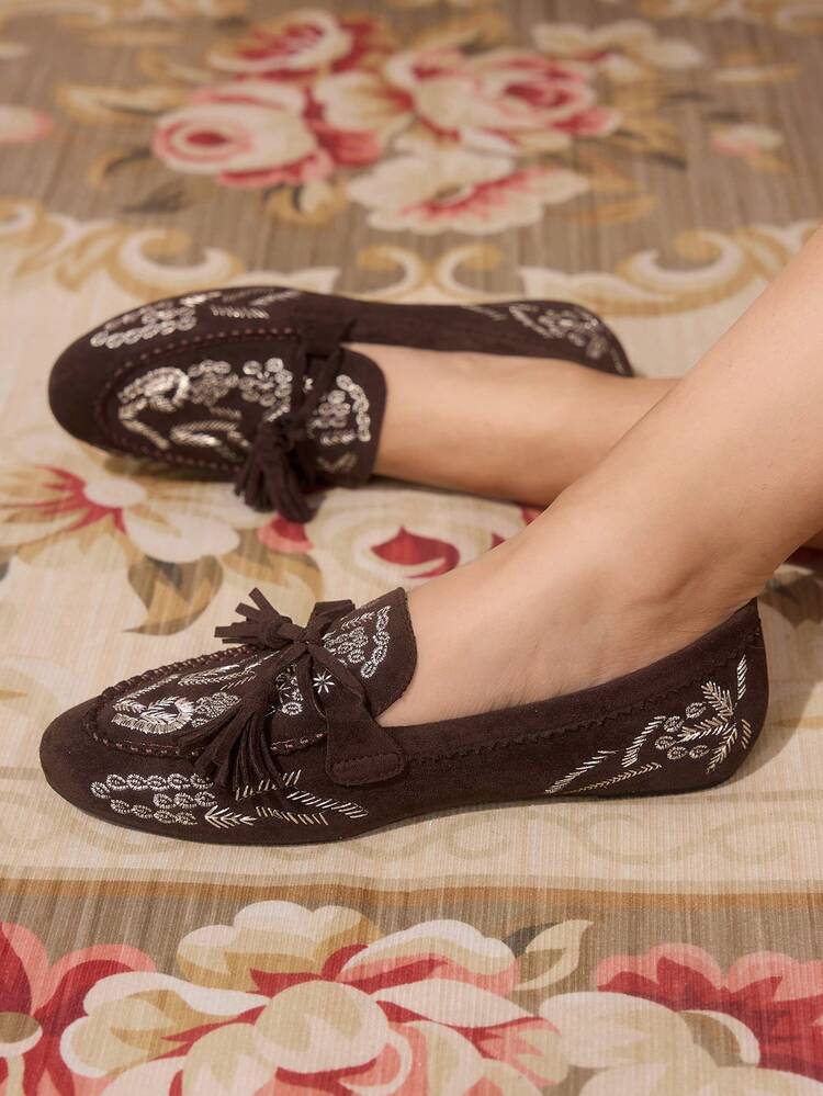 CUCCOO TILAWA Women's Round Toe Flat Coffee Suede Embroidered Tassel Loafers, Fashion Slip-On Casual Shoes For Daily, Commuting, Work
