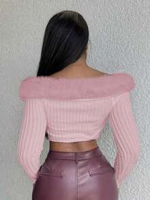 Alexandranx Off Shoulder Fuzzy Trim Crop Pink Jacket In Fall/Winter - Baby Pink - View 2
