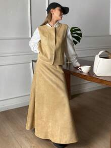 Livesso 女士休闲无袖上衣和裙子两件套 - 卡其色 - 查看 6