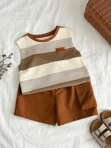 SHEIN 2pcs Young Boy Spring/Summer Fashion Striped Sleeveless T-Shirt Top And Cargo Shorts Set, Comfortable Casual Daily Outfit, Back To School - Brown - View 3