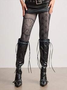 ROMWE Avant 1 đôi tất lưới ren hoa gợi cảm, quần tất đen kiểu retro, tất mỏng và co giãn trong suốt. - Ngôi sao bất đối xứng màu đen - Xem 5