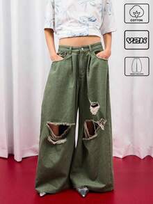 COUREZ 低腰宽松灯笼裤，卡其色水洗做旧款 / Y2K 低腰牛仔裤，秋季女装，秋季外出穿搭，低腰牛仔裤 - 軍綠色 - 查看 1