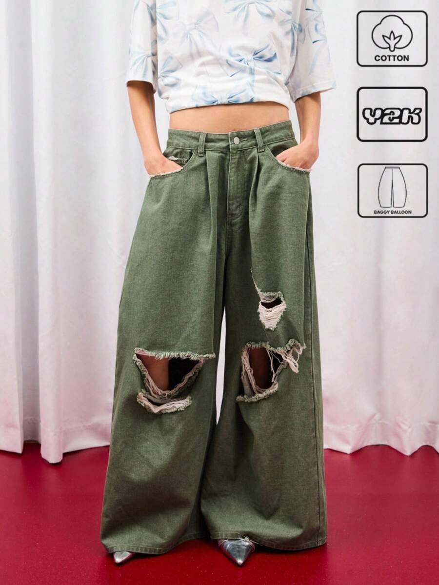 COUREZ 低腰宽松灯笼裤，卡其色水洗做旧款 / Y2K 低腰牛仔裤，秋季女装，秋季外出穿搭，低腰牛仔裤 - 軍綠色 - 查看 1