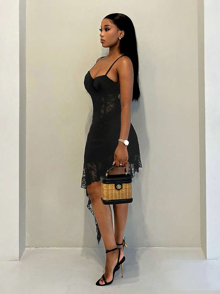 BamGleam Vestido de tirantes con borde de encaje, borde asimétrico y aros para mujer, para primavera/verano - Negro - Ver 7