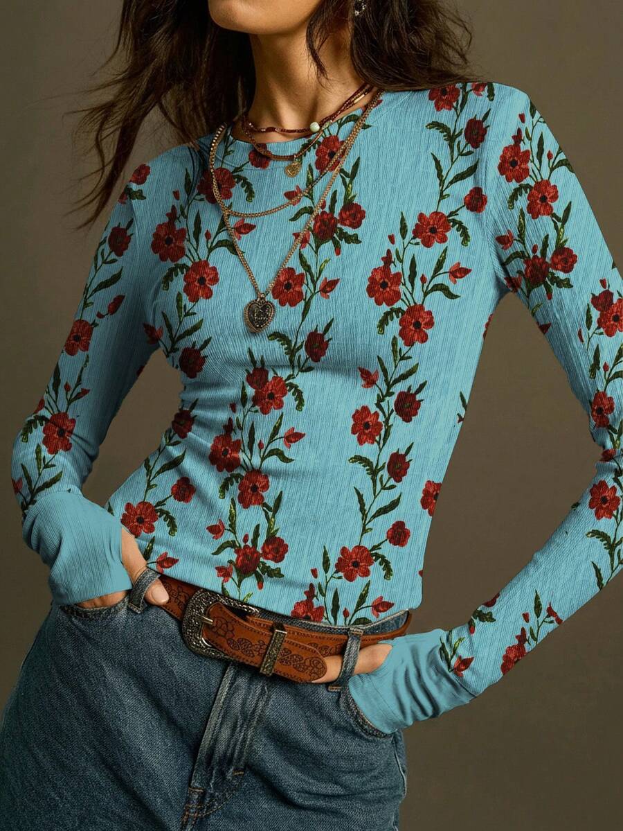 SoleilVie Áo thun dài tay cổ tròn in hoa mới mùa xuân hè, kiểu dáng retro, vintage, đa năng, phù hợp mặc đi làm, chất liệu mềm mại, thân thiện với da, thích hợp mặc ngoài trời, áo thun nữ màu đỏ mới, áo thun in hình Valentine - Màu xanh lam - Xem 1