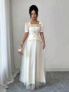 Elenzga 女士春季优雅闪亮亮片复古方领拼接仿宝石装饰荷叶边腰部喇叭中长连衣裙，适合外出、新年、情人节、复活节、母亲节、中东派对、婚礼等场合，米色、象牙色、白色可选。 - 米色 - 查看 6