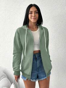 EURMUSE 100%Cotton Women Zip Up Drawstring Hoodie - Mint Green - View 3
