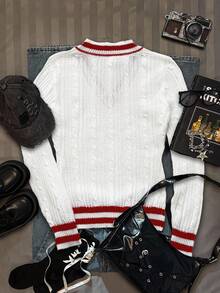 Coolane Áo len nữ dáng ôm mỏng tay dài, kiểu dáng sinh viên tối giản, màu đỏ sọc, thêu hình trái tim, cổ chữ V, thích hợp cho mùa thu/đông, cần mặc thêm lớp áo bên trong. - Nhiều màu - Xem 8