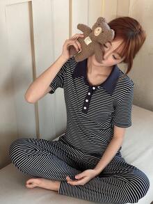 Dazy Kids 少女条纹半拉链休闲短袖家居服，适合春夏穿着，舒适透气。 - 藏蓝色 - 查看 2