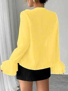 Rafferiza 优雅法式纯色雪纺灯笼袖V领系带宽松休闲秋季女式衬衫 - 鵝黃色 - 查看 2