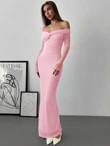 Aloruh Off Shoulder Romantic Date Dress With Mesh, Twist Knot, Ruched Detail, Long Sleeve ,Summer Dress - Baby Pink - View 3