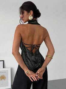 Firerie Women's Elegant Sexy Delicate Romantic Party Daily Commute New Metallic Coated Backless Halter Champagne Color Blouse - Black - View 3