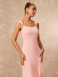 Lumalex 优雅通勤性感纯色珊瑚橙色荷叶边开衩修身A字连衣裙，适合海滩度假、邮轮旅行、晚宴、婚礼、派对、返校、毕业典礼、婚礼季等场合。 - 珊瑚粉 - 查看 8