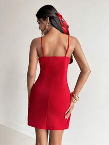 Aloruh Women's Valentine's Day Solid Red 3D Rose Floral Bodycon A-Line Cami Mini Dress - Red - View 2