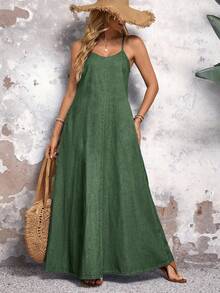 EMERY ROSE Colorful Spaghetti Strap Loose Long Denim Dress, Casual Everyday Wear - Green - View 5