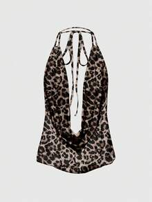 ROMWE Grunge Punk Sexy Leopard Print Plunging Neckline Backless Bow Tie Camisole For Women - Black - View 2