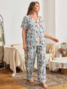Serenescape Plus Size Floral Print Woven Cardigan Short Sleeve Pajama Set, Suitable For Home Wear, Spring/Summer Pajama Sets For Women Summer Button Up Pajama Set Floral Pj Set - Green - View 3