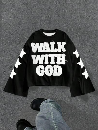 Manfinity ZONE917 Boxy Cropped Loose Street "WALK WITH GOD" Slogan & Star Print Oversized Long Sleeve T-Shirt