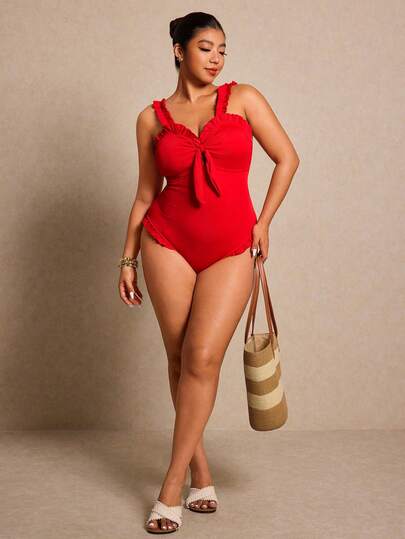 Elaquor Plus Size Women's Solid Color Knotted Front Sexy One-Piece Red Swimsuit Romantic Valentine's Day Valentine Outfits For Women Spring Outfit Women/Spring Break Outfits/Spring Clothing