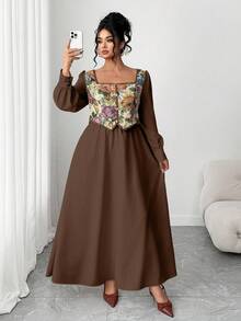 Elenzga Đầm dài tay phối màu kiểu Pháp cổ điển cỡ lớn dành cho nữ, kiểu dáng 2 trong 1, phù hợp cho lễ tốt nghiệp, các ngày lễ, Ngày Valentine, Giáng sinh, lễ hội âm nhạc, Ngày của Mẹ, Halloween, Lễ Tạ ơn, Lễ Phục sinh, Ngày Quốc khánh, các buổi khiêu vũ, hẹn hò, tiệc tùng, đám cưới, hoạt động ngoài trời, mùa thu/đông. - màu nâu - Xem 4