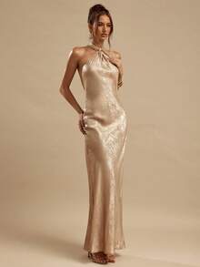 SHEIN BAE Gold Textured Backless Dress For Women, Elegant Summer Sexy Party Dress, Suitable For Nightclub, Brunch, Wedding Guest, Bridesmaid, Vacation Beach - Gold - View 1