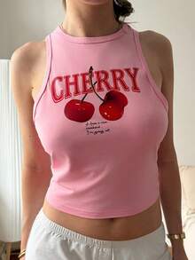 SHEIN EZwear 粉色樱桃图案短款休闲简约圆领修身背心，适合夏季穿着 - 粉色 - 查看 2