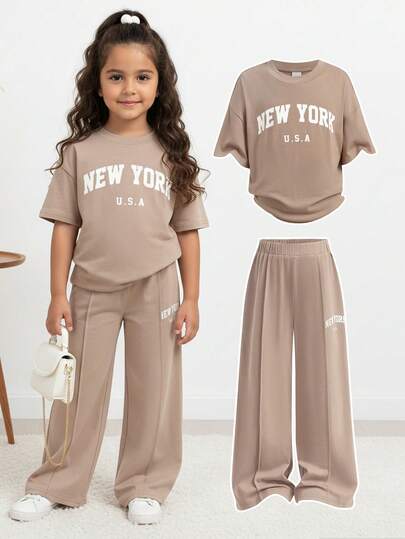 Tween Girl Casual Simple Letter Print Loose Short Sleeve T-Shirt + Pants 2-Piece Set, Comfortable Home & Street Fashion Oversized Round Neck New York Print T-Shirt And Pleated Wide Leg Pants Knit Tracksuit Khaki