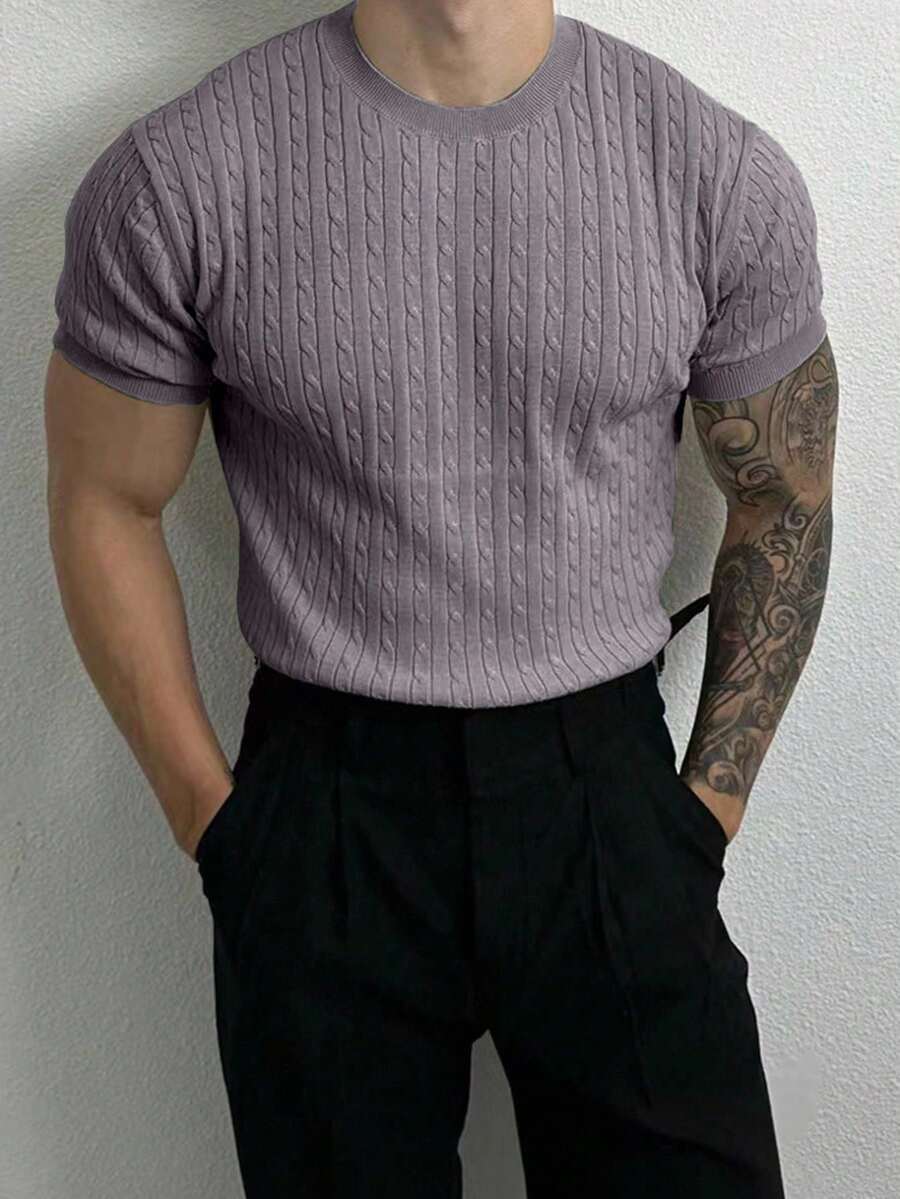Manfinity Homme 男士纯色简约休闲圆领短袖针织上衣 - 淺灰紫 - 查看 1