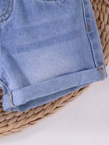 SHEIN 3pcs/Set Baby Girl Blue, White, Pink Denim Shorts,Spring, Summer,Casual And Fashionable Vacation,Street Wear,2000s Style, Comfortable And Soft Denim,Baby Girl Denim Shorts,Vacation,Vacation Shorts - Multicolor - View 6