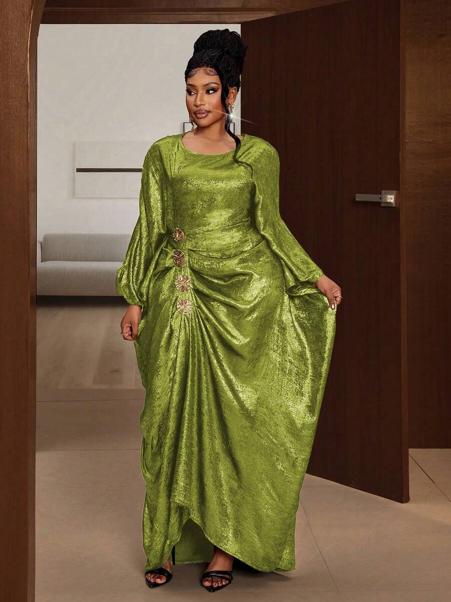 Maweii 大码纯色圆领优雅褶皱连衣裙 - 薄荷綠 - 查看 1