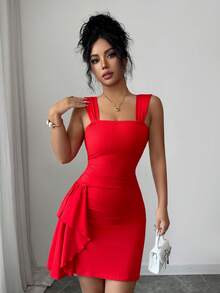 Elenzga 春夏休闲聚会派对不对称荷叶边短款优雅女装，适合婚礼、情人节等场合，时尚红色连衣裙 - 紅色 - 查看 3