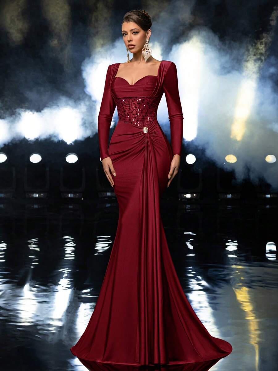Glamrae 优雅奢华的串珠亮片拼接弹力针织美人鱼长裙，长袖设计，适合婚礼、派对、度假、盛大晚宴和正式场合。 - 酒紅色 - 查看 1
