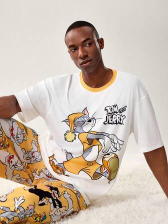 TOM & JERRY X SHEIN Men's Comfortable Cartoon Print Short Sleeve T-Shirt And Pants Loungewear Set, Summer