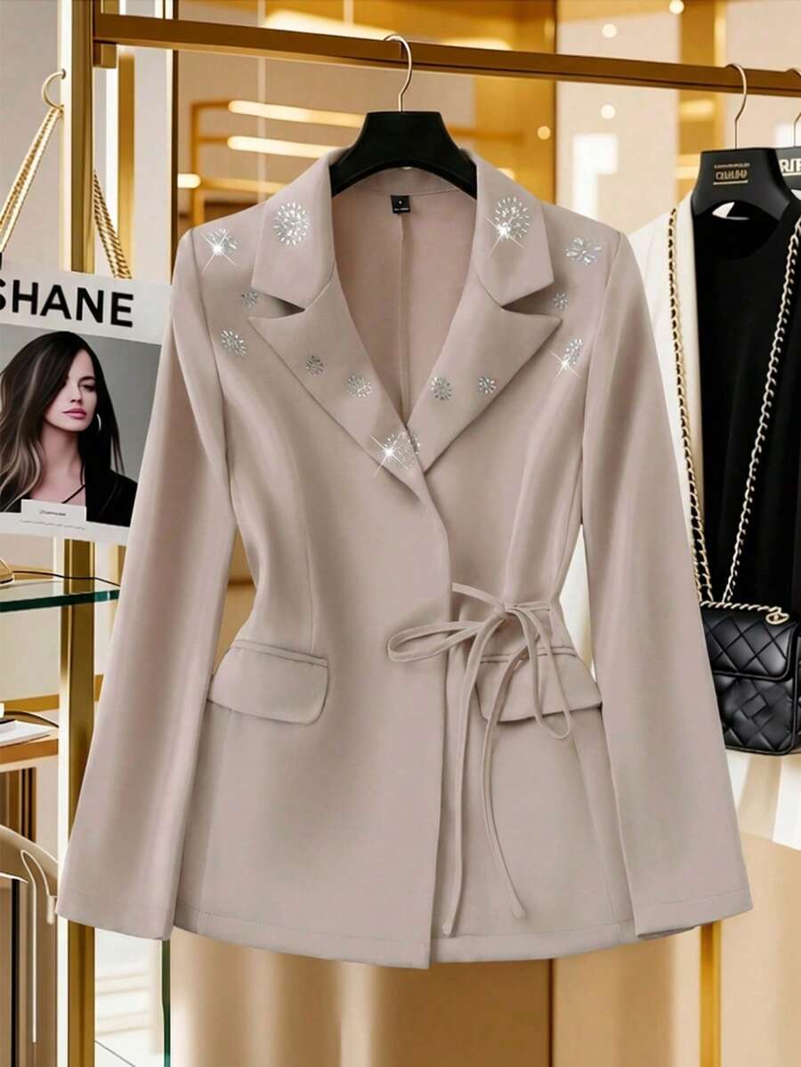 Modelyn Women's Rhinestone Decor Lapel NeckLong Sleeve Side Knot Elegant Blazer - Khaki - View 1
