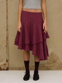 COUREZ Midi Layered Flannel Check Skirt With Asymmetric Hem/ Y2K  Spring Outfits For Women Grunge 2 Piece Sets Red Skirts Cute Spring Outfits Going Out Party Outfits Festivals Outfits Plaid Check Skirt Low Rise Skirt - Burgundy - View 6