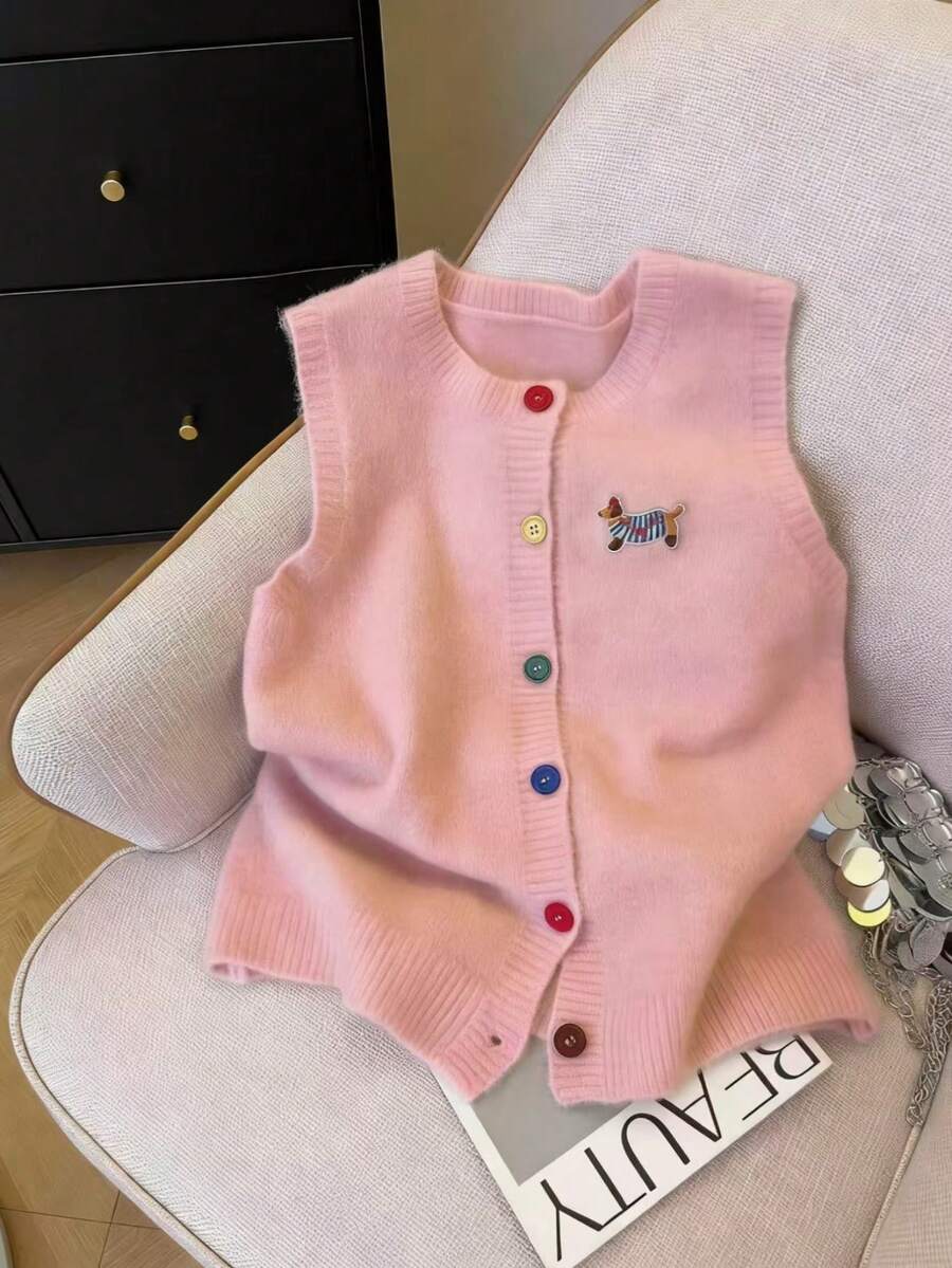 Resyla Áo khoác cardigan nữ dáng rộng không tay, thêu hình chó, thích hợp mặc hàng ngày. - Hồng - Xem 1