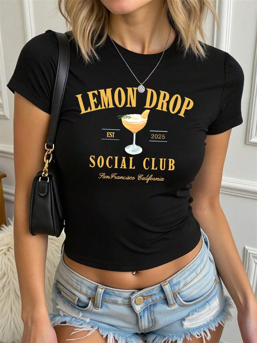 EMERY ROSE Áo croptop tay ngắn họa tiết giọt chanh phong cách Y2K dành cho nữ cỡ lớn mùa hè - màu đen - Xem 1
