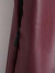 Franclia 优雅时尚短款褶裥可调节系带双层侧边隐形拉链PU皮酒红色女裙，秋冬款 - 酒紅色 - 查看 3