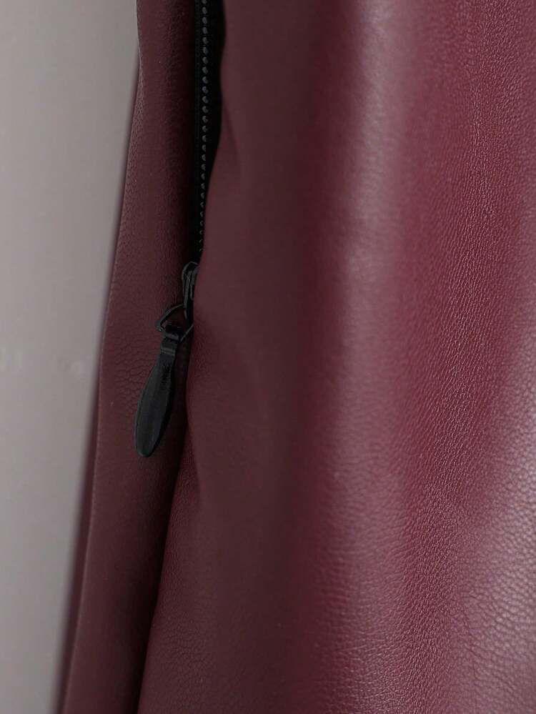 Franclia Women's Elegant Burgundy Red PU Leather Short Skirt,Winter Stylish Casual Shimmering Skirt With Side Zippers,Perfect For Dining & New Year's Events - Burgundy - View 3