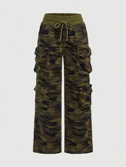 Grunge Punk Pantalon de survêtement évasé pour femmes avec imprimé camouflage intégral de style Punk Y2K et poches décoratives