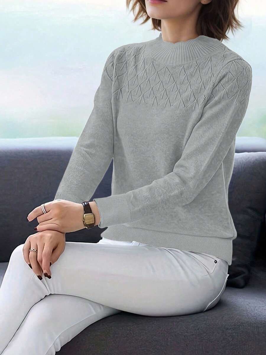 EMERY ROSE 女式休闲纯色高领长袖毛衣针织套头衫秋冬 - 灰色 - 查看 1