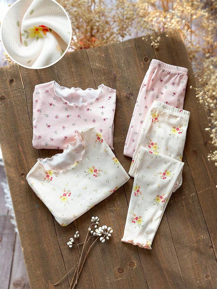 SHEIN 4件套少女花卉和熊印花针织休闲T恤和裤子家居服套装花卉睡衣套装女童睡衣套装睡衣套装 - 彩色 - 查看 1