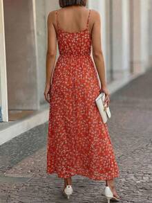 Vestido elegante y casual para mujer, diseño largo, cuello de tirantes ajustable, tela de poliéster y elastano, abertura en la pierna. Interior fresco y cómodo, ideal para temporadas de verano y primavera. En algunos colores, el tono y estampado pueden variar. - Rojo - Ver 2