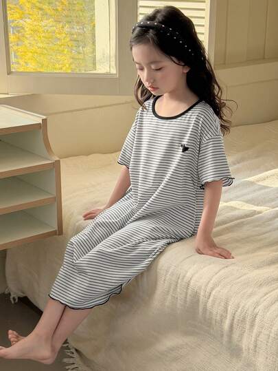 DAZY Young Girls Striped Print Nightgown Spring Summer