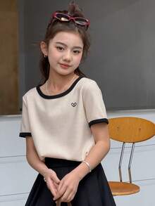 DAZY Tween Girls Round Neck Knit Heart Embroidery Contrast Color Short Sleeve T-Shirt Summer - Apricot - View 6