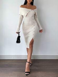 EURMUSE Foldover Off Shoulder Button Front Split Thigh Sweater Dress - Beige - View 5