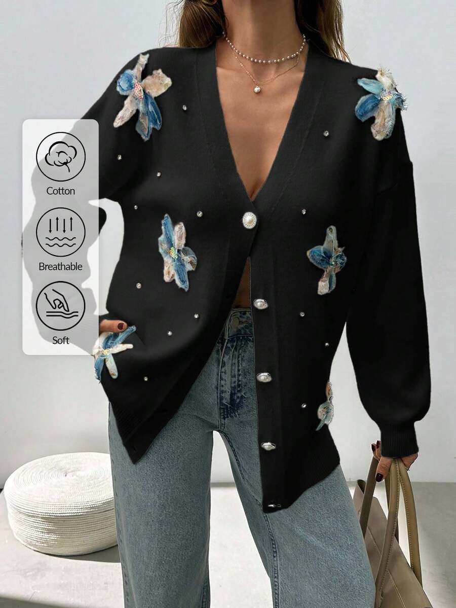 EURMUSE Woman Appliques And Rhinestones Detailed Button Front Cardigan - Black - View 1