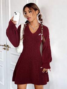 SHEIN EZwear Cable Knit Lantern Sleeve Sweater Dress In Fall/Winter - Burgundy - View 4