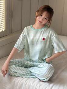 DAZY Teen Girl Striped Short Sleeve Top And Pants Pajama Set Spring - Green - View 2