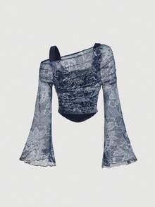 SHEIN MOD Asymmetric Shoulder Flare Sleeve Paisley Print Mesh T-Shirt - Navy Blue - View 2